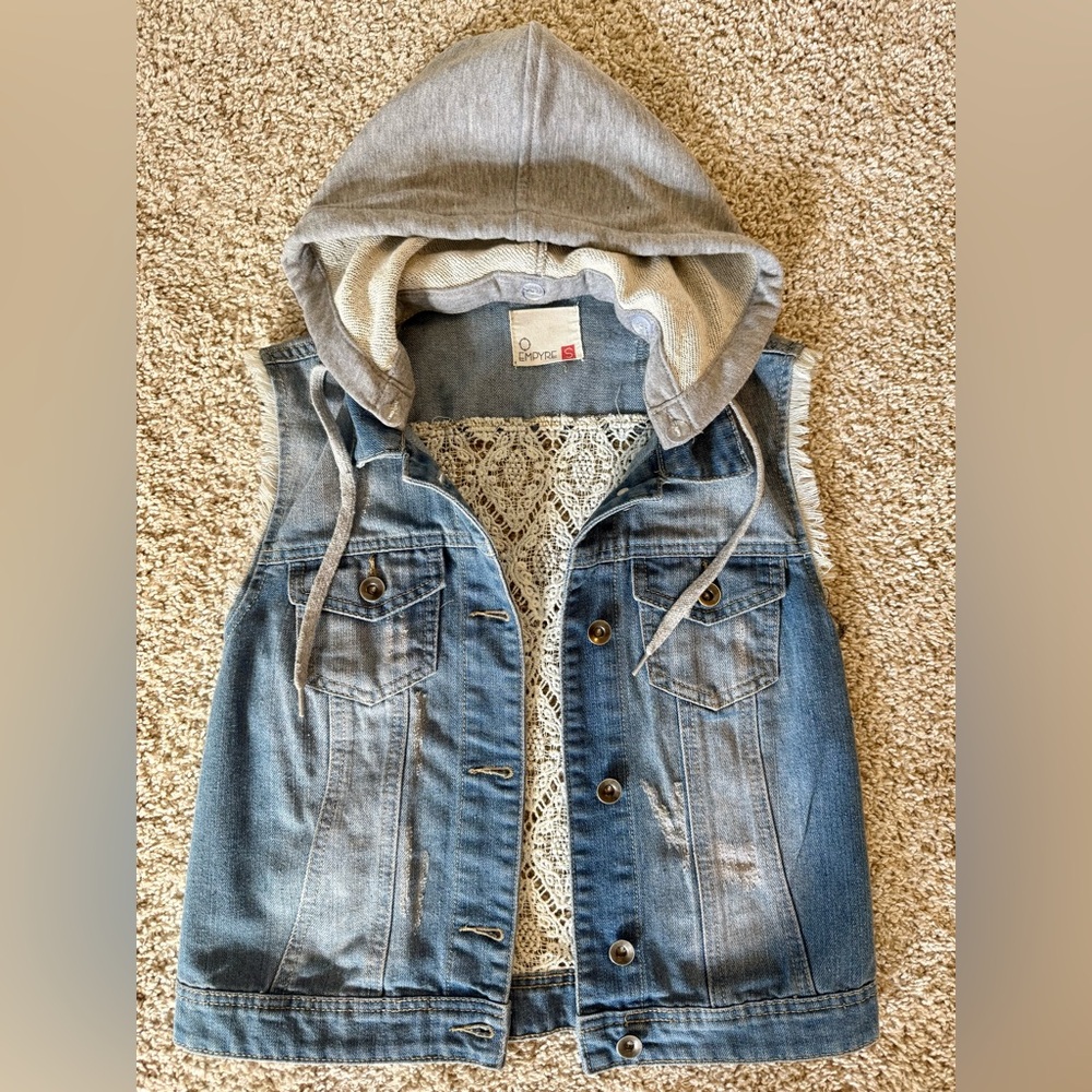 Empyre Blue Denim Vest with Gray Hood